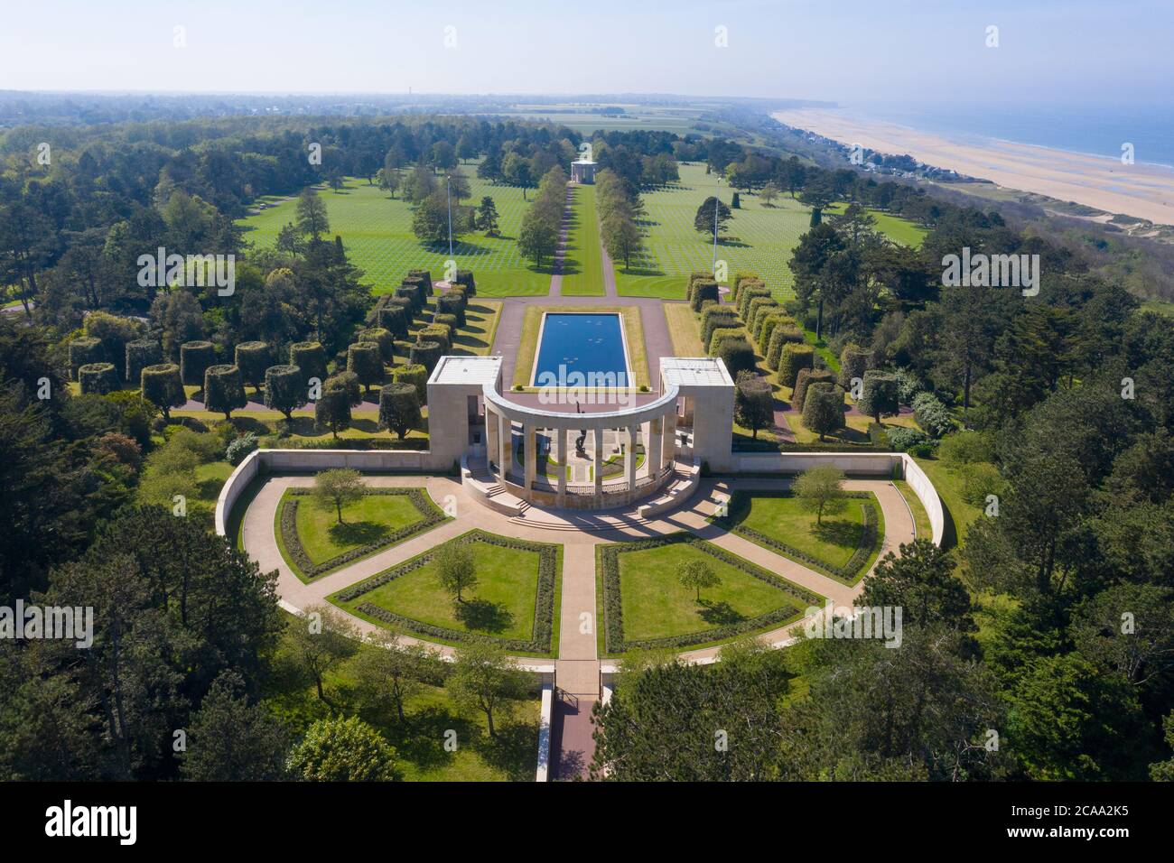 Aerial view of American War Cemetery at Omaha Beach, Normandy (Colleville-sur-Mer). Stock Photo