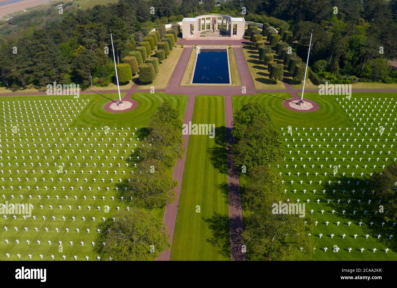 Aerial view of American War Cemetery at Omaha Beach, Normandy (Colleville-sur-Mer). Stock Photo