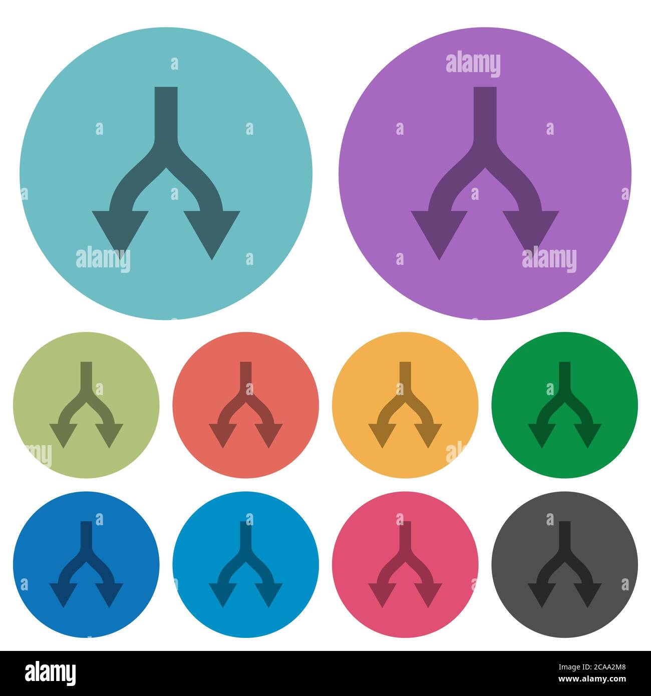 Split arrows down darker flat icons on color round background Stock Vector