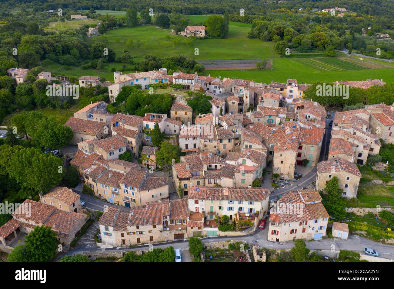 France, Var, Aerial view of Tourtour, village in the sky, labelled Les Plus Beaux Villages de France ( the Most Beautiful Villages of France) Stock Photo