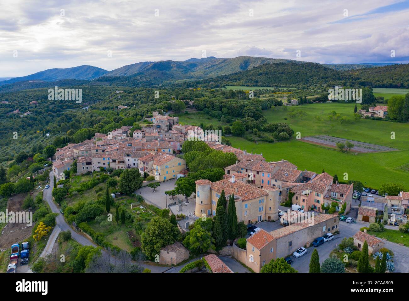 France, Var, Aerial view of Tourtour, village in the sky, labelled Les Plus Beaux Villages de France ( the Most Beautiful Villages of France) Stock Photo
