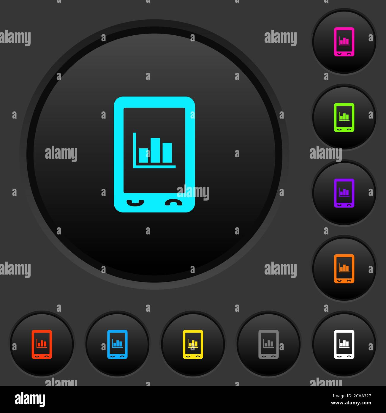 Mobile statistics dark push buttons with vivid color icons on dark grey ...