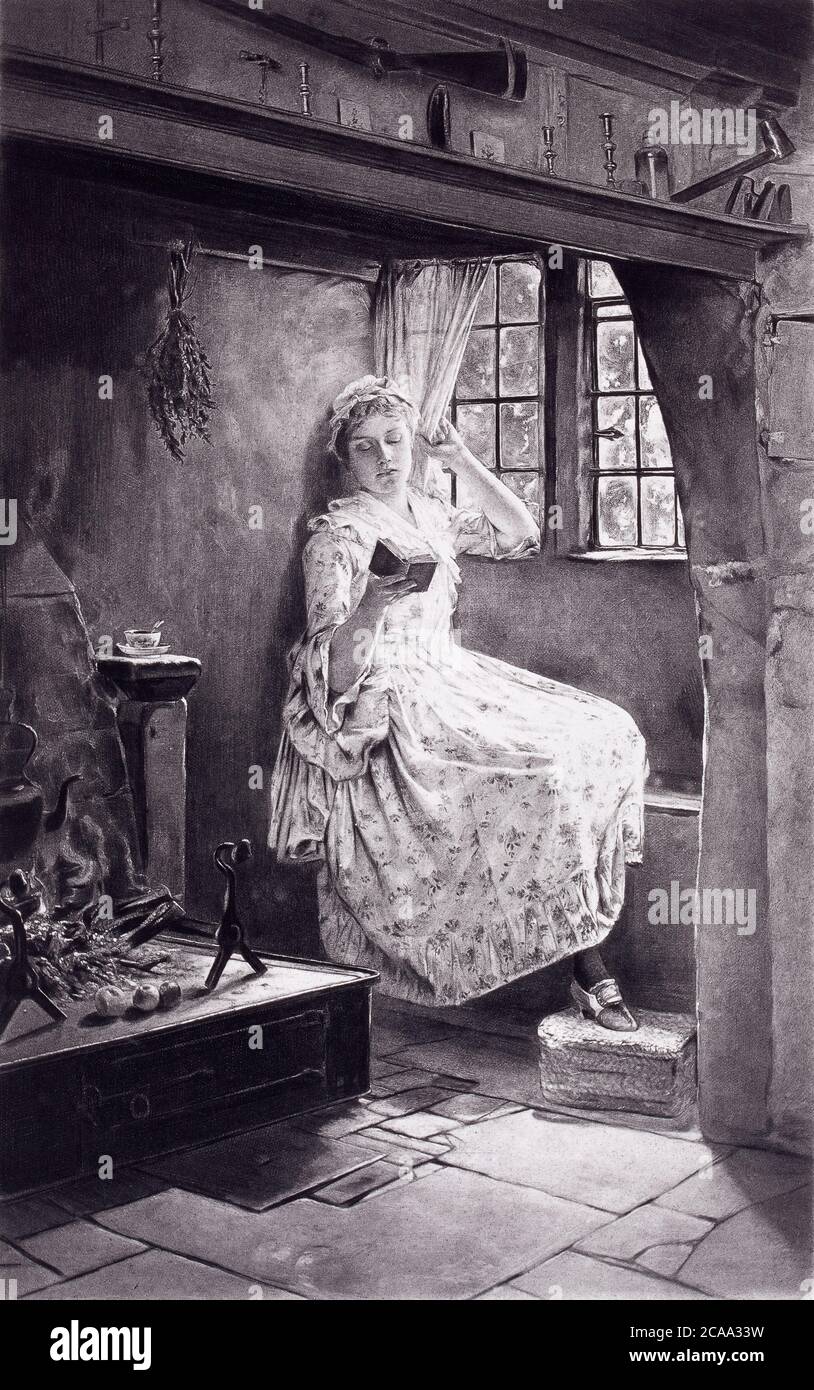 1890 photogravure of a Francis D. Millet painting with the caption, A Cozy Corner - Francis Davis Millet (November 3, 1848 – April 15, 1912) was an Am Stock Photo
