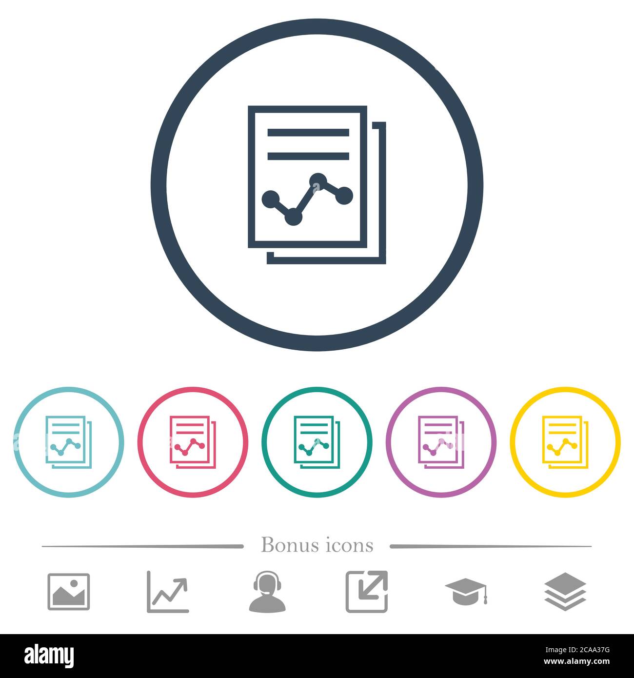Report with graph flat color icons in round outlines. 6 bonus icons ...