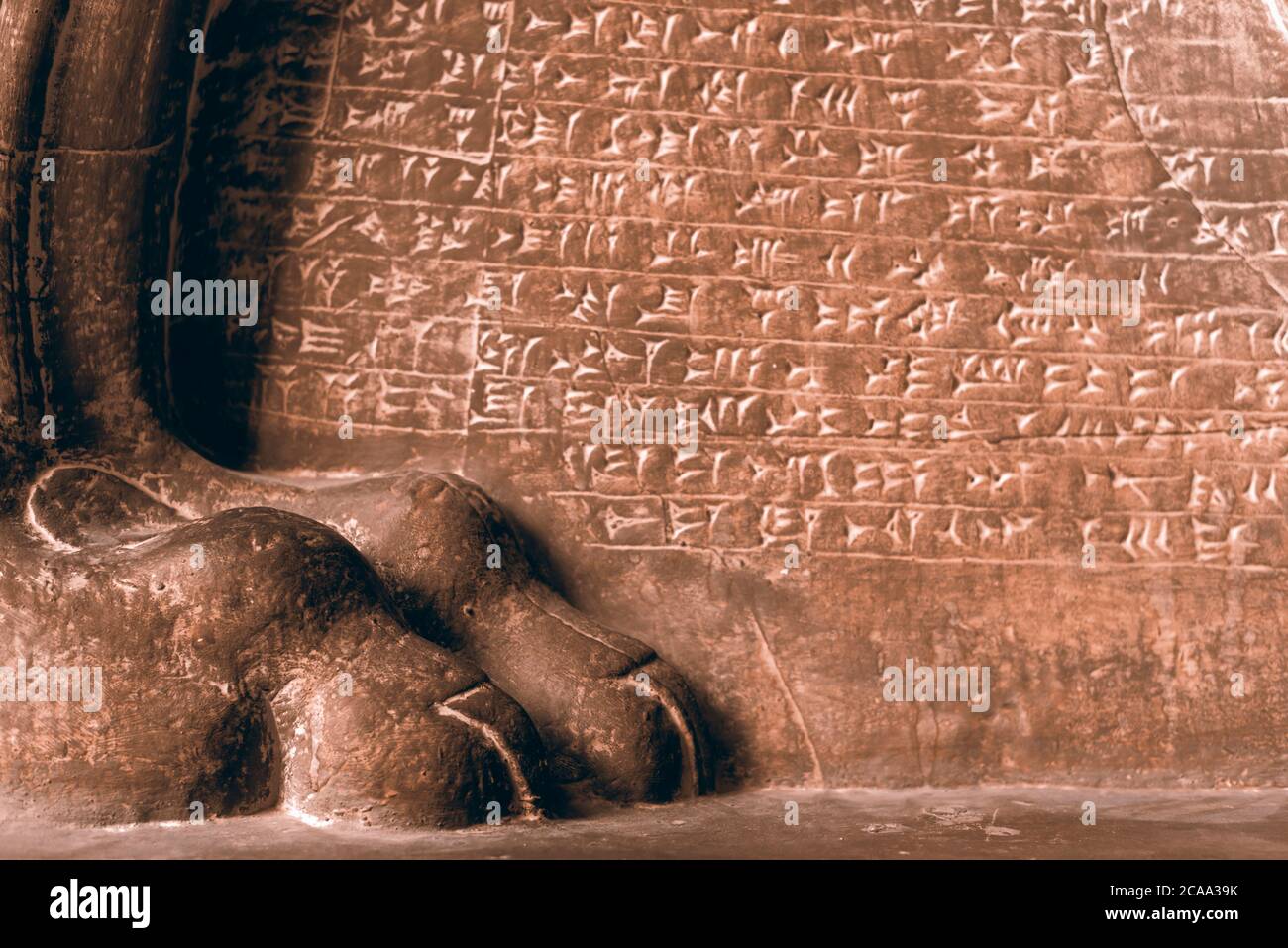 detailed fragment of assyrian sphinx leg relief with cuneiform carving on stone wall Stock Photo