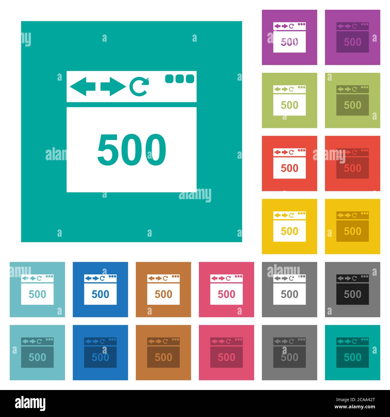 Browser 500 internal server error multi colored flat icons on plain square backgrounds. Included white and darker icon variations for hover or active Stock Vector