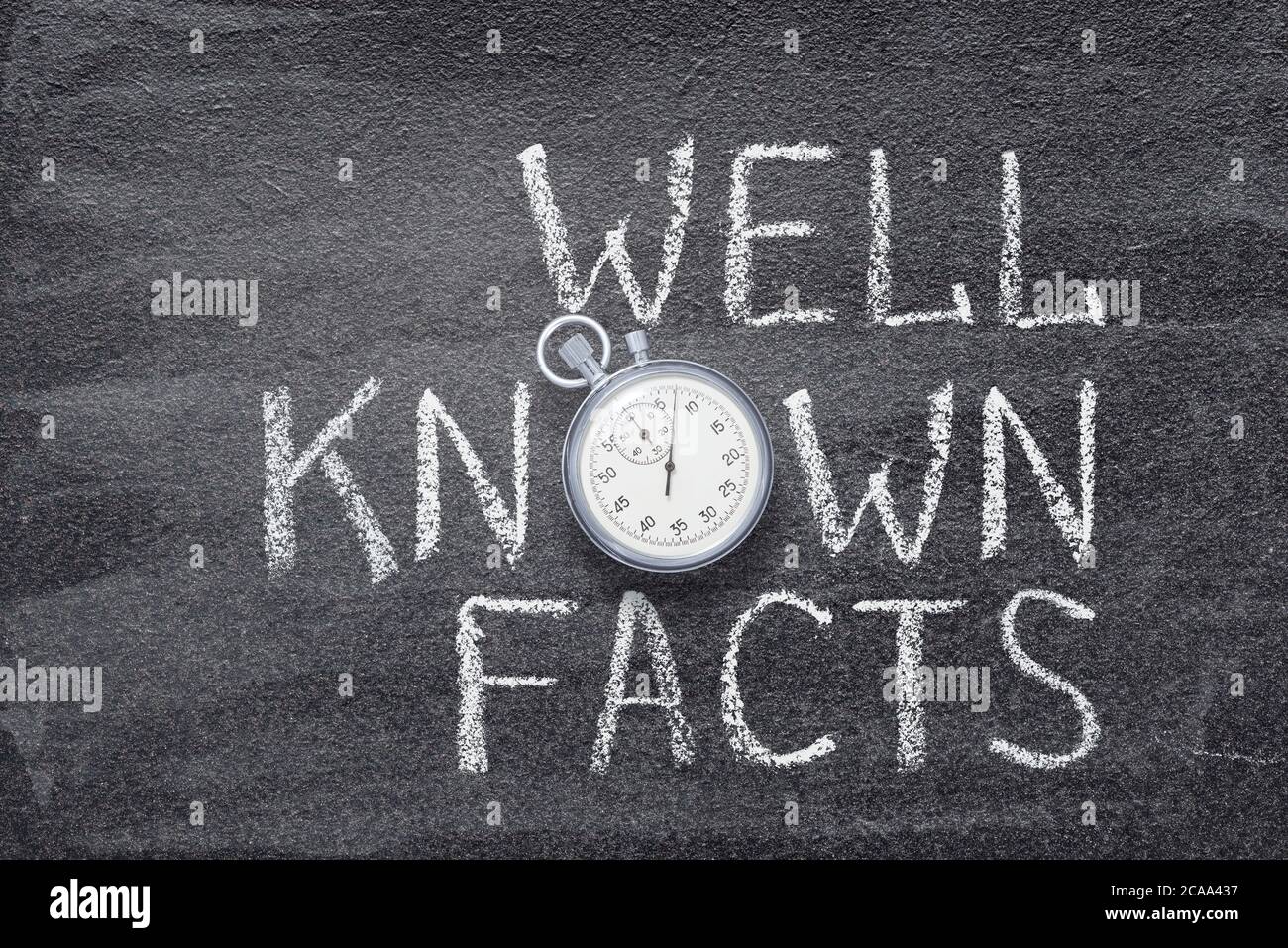 well known facts phrase written on chalkboard with vintage precise stopwatch Stock Photo