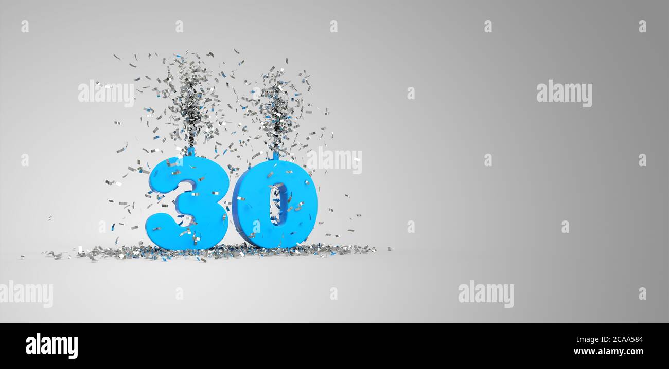 30 years, blue text, grey background 3D rendering Stock Photo