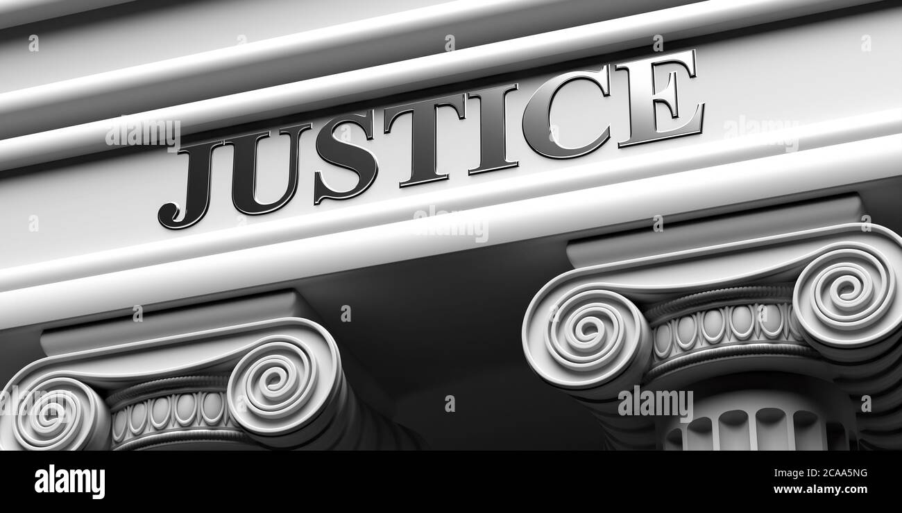JUSTICE, building logo concept. Two pillars part pedestal, ancient greek architecture of white stone marble, ionic rhythm columns background. Justice Stock Photo