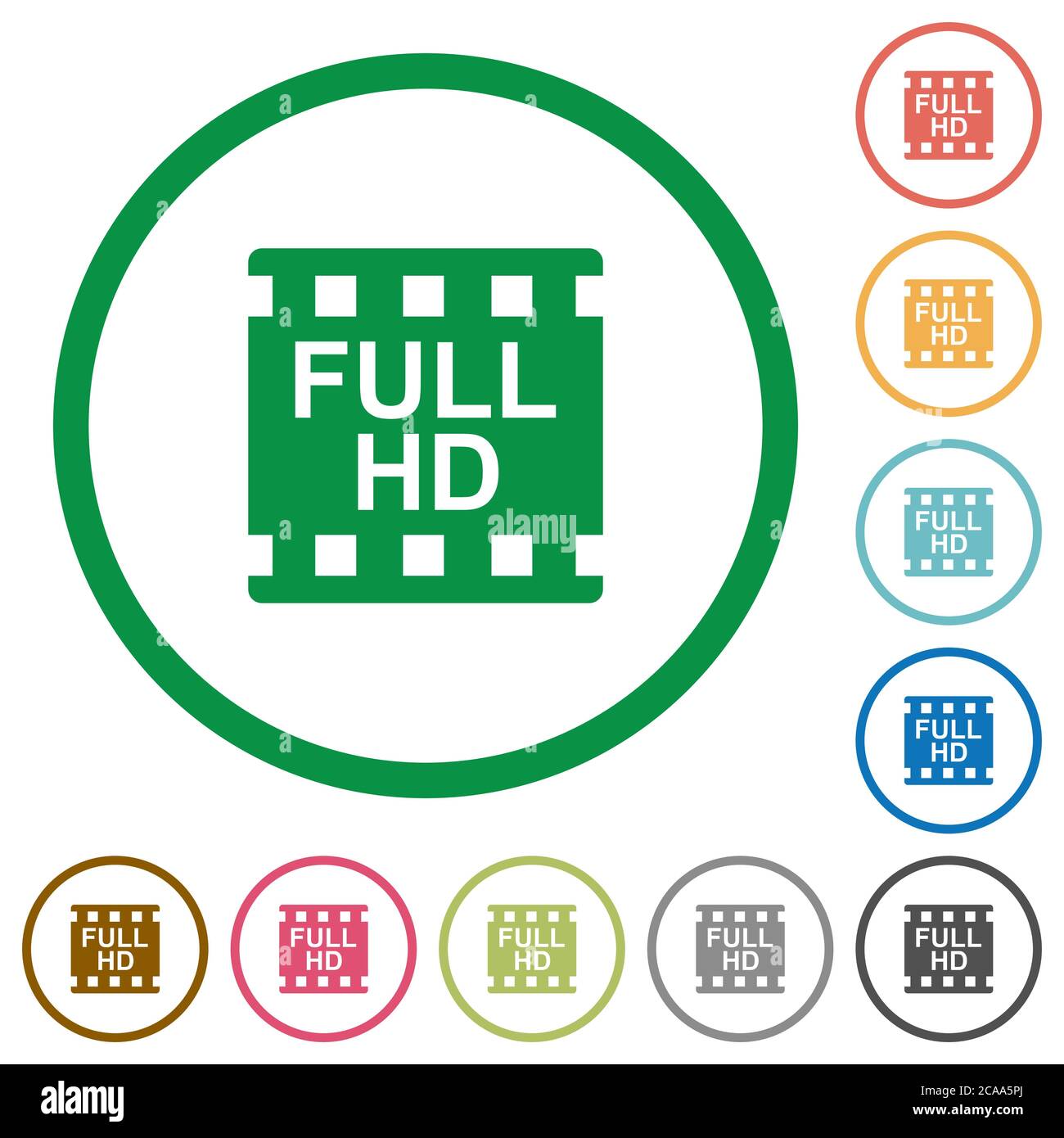 Full HD movie format flat color icons in round outlines on white ...