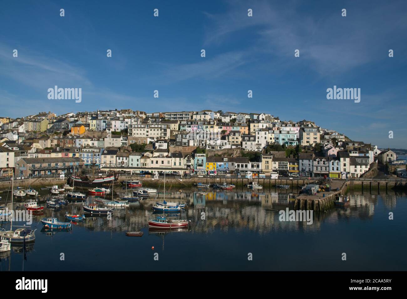 Early morning Brixham harbour scenic views. Old harbour views of houses