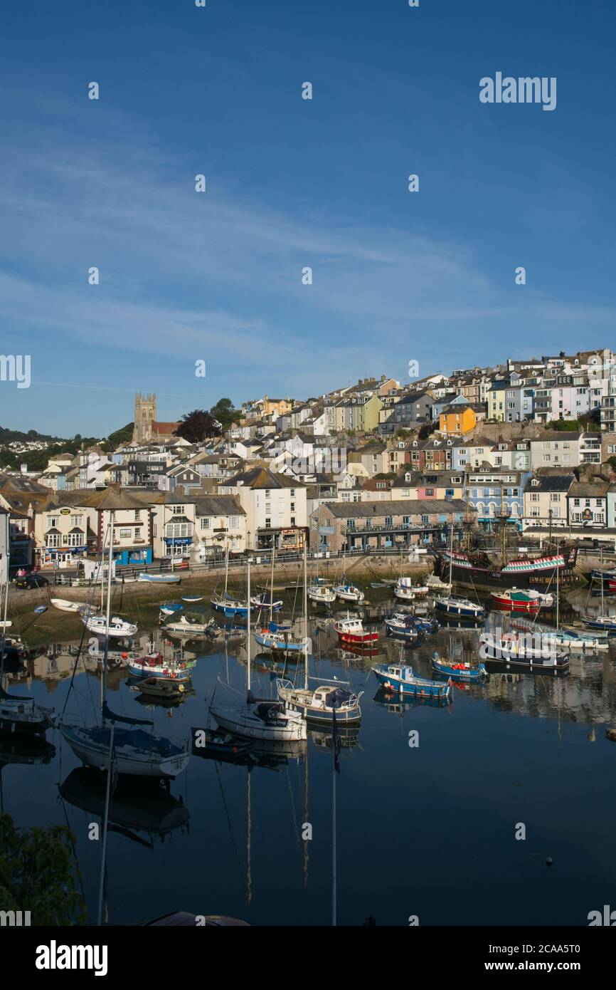 Early morning Brixham harbour scenic views. Old harbour views of houses