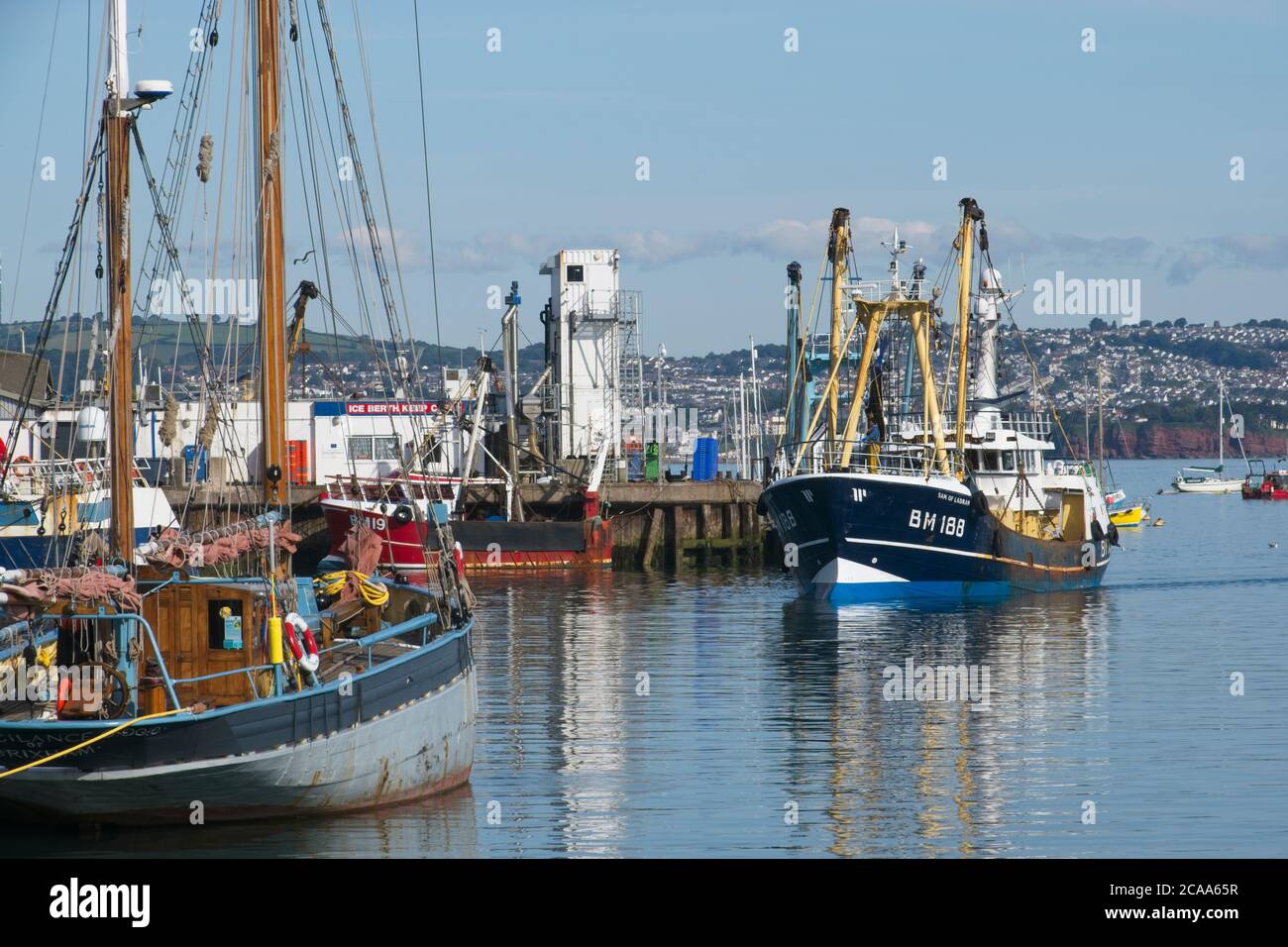 Brixham Trawler BM188 Sam of Ladram returning to port Large seagoing trawlers maneuvering in Brixham harbour Frontal view Calm sea and light blue sky Stock Photo