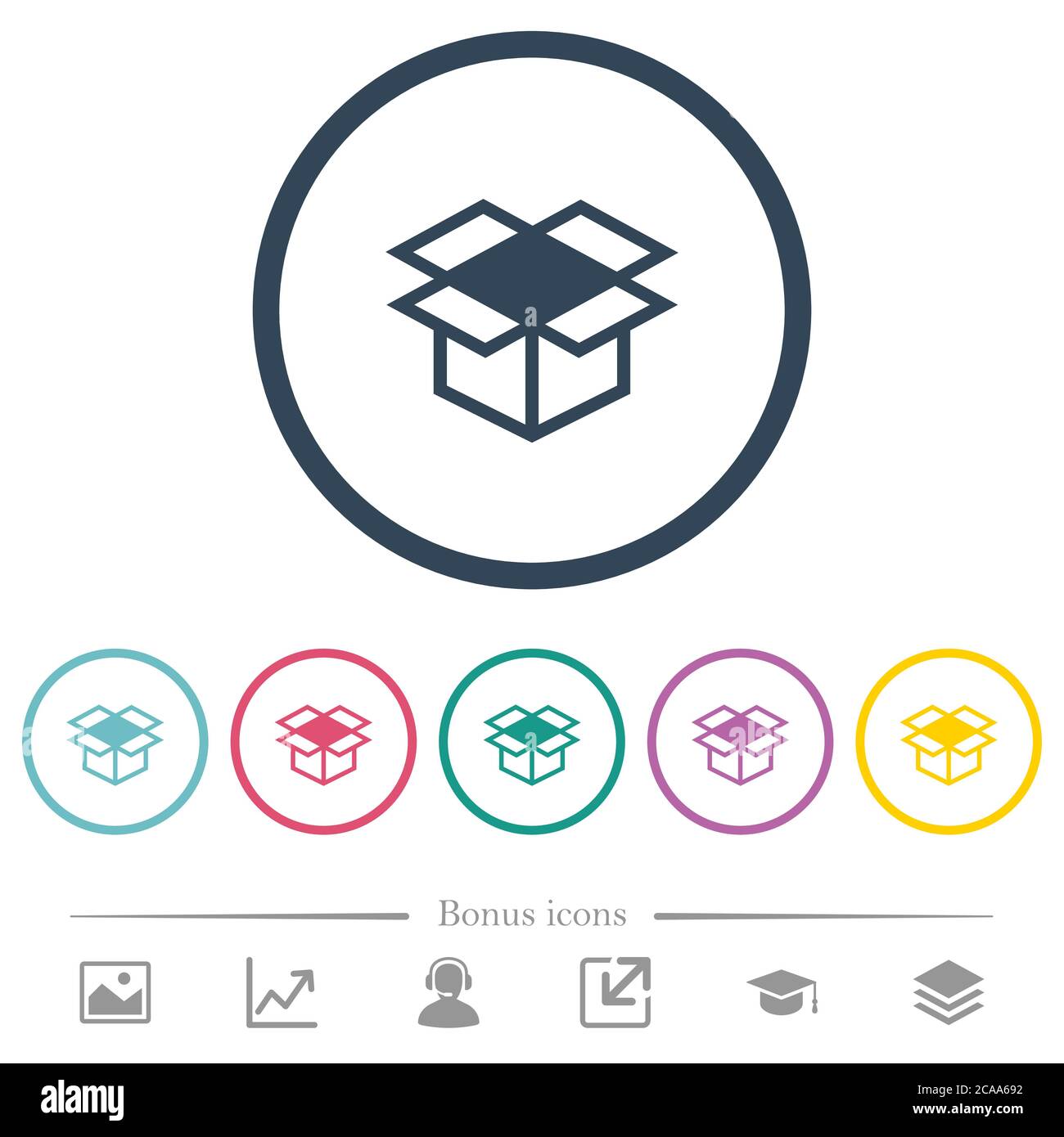 Open box flat color icons in round outlines. 6 bonus icons included ...