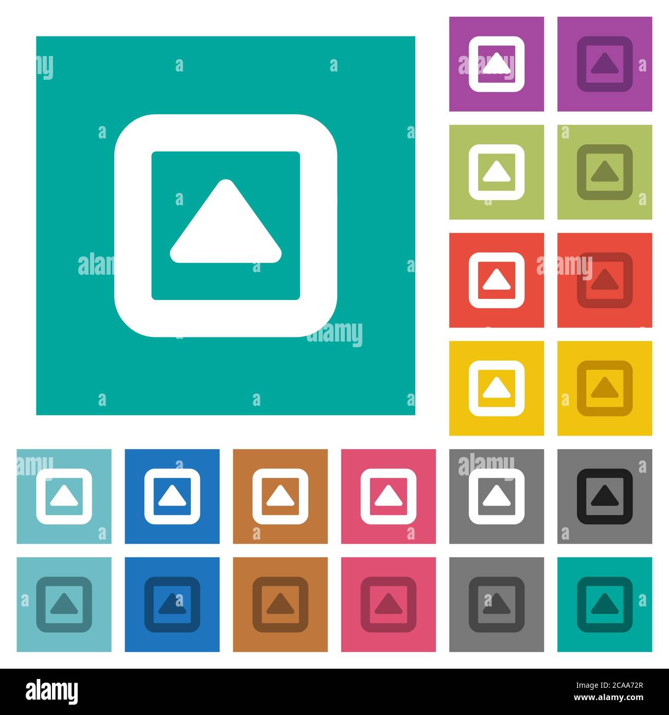 Toggle up multi colored flat icons on plain square backgrounds. Included white and darker icon variations for hover or active effects. Stock Vector