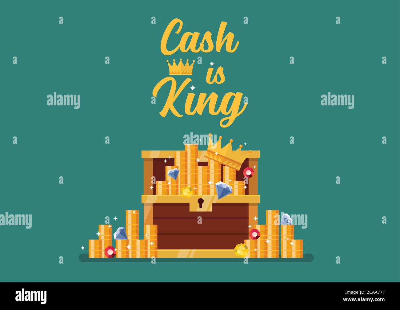 Cash is king typography with open chest full of treasure. Vector
