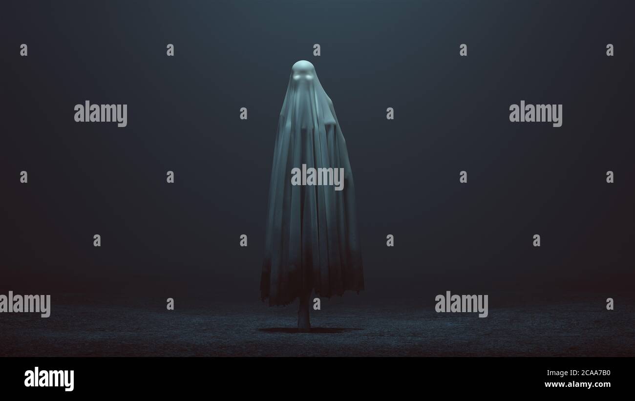 Walking Evil Spirit with Glowing Eyes in a Death Shroud in a foggy void