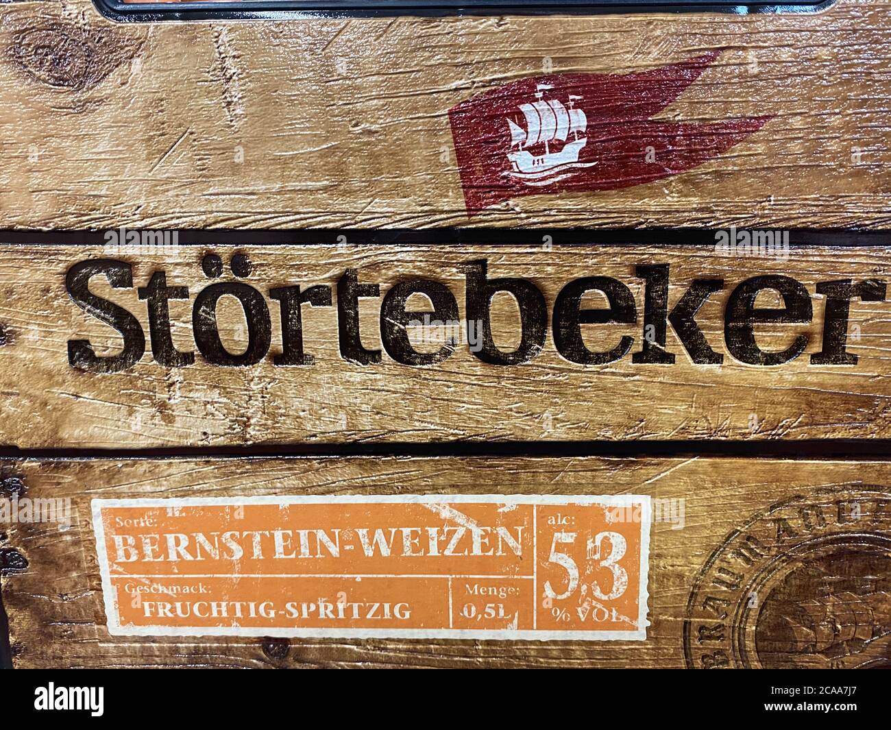 Viersen, Germany - July 9. 2020: View on isolated craft beer crate of north german brewery Störtebeker Stock Photo