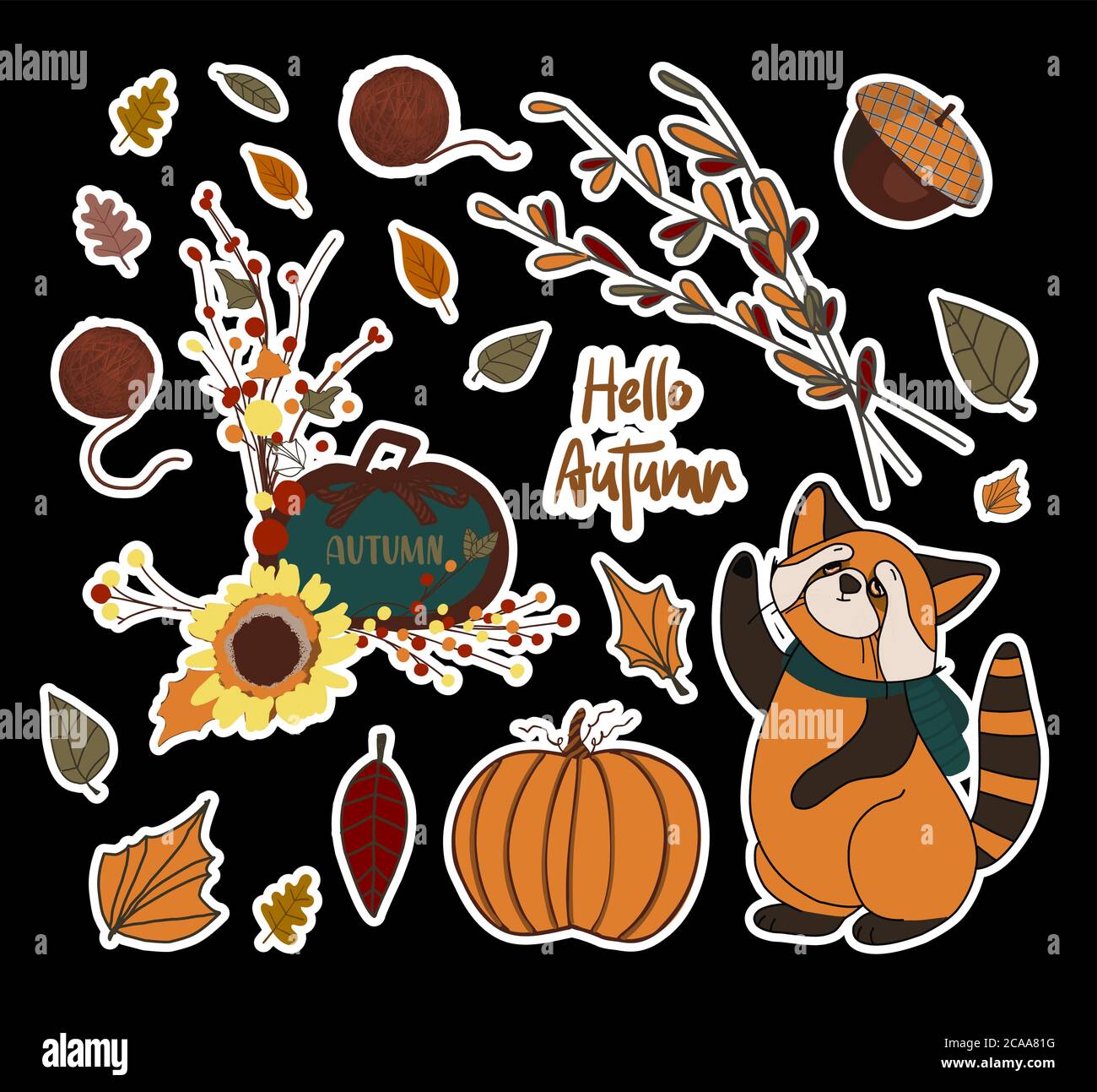 Vector autumn set of stickers. PUMPKINS AND BRANCHES. Autumn leaves ...
