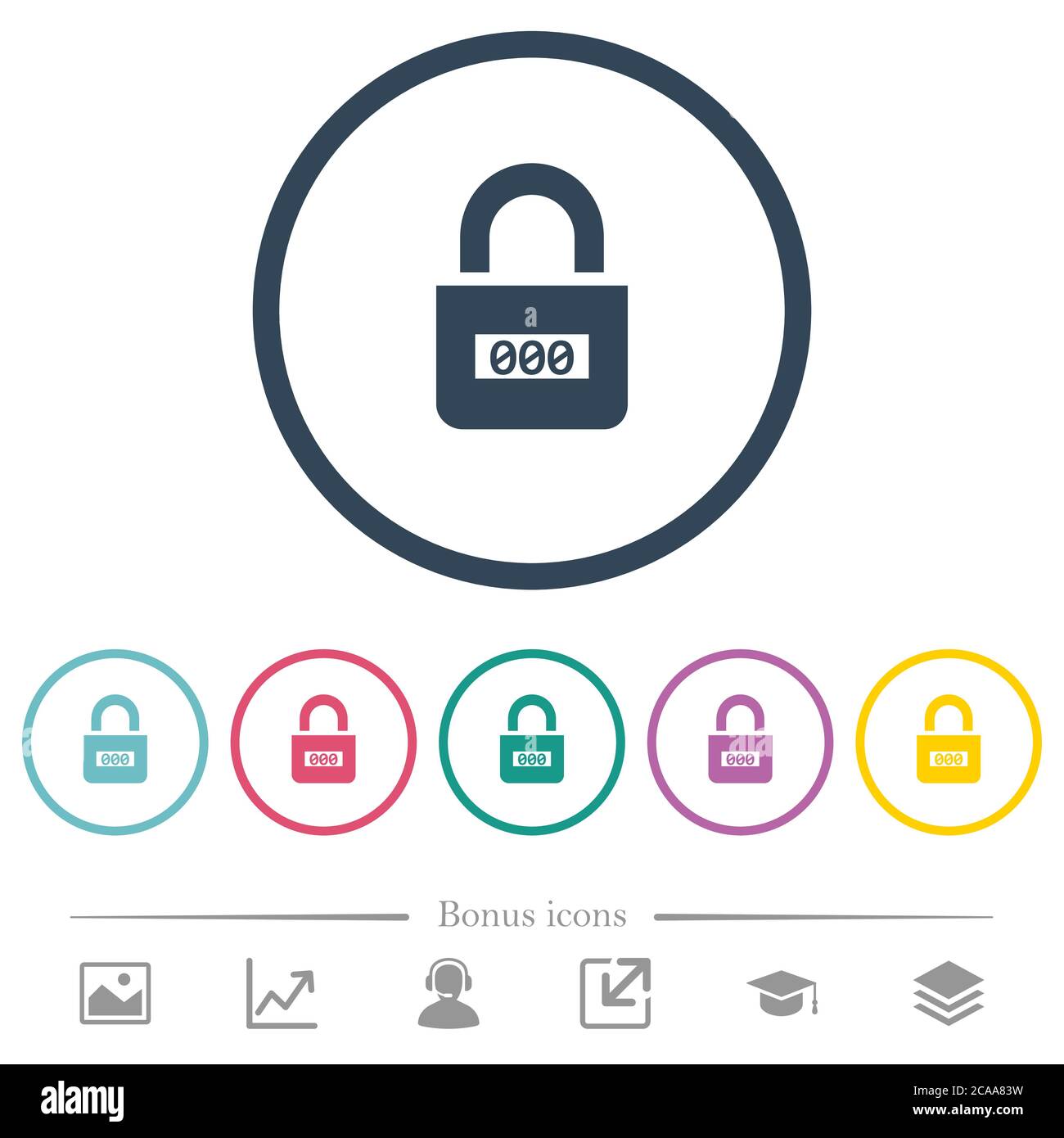 Locked combination lock with center numbers flat color icons in round ...