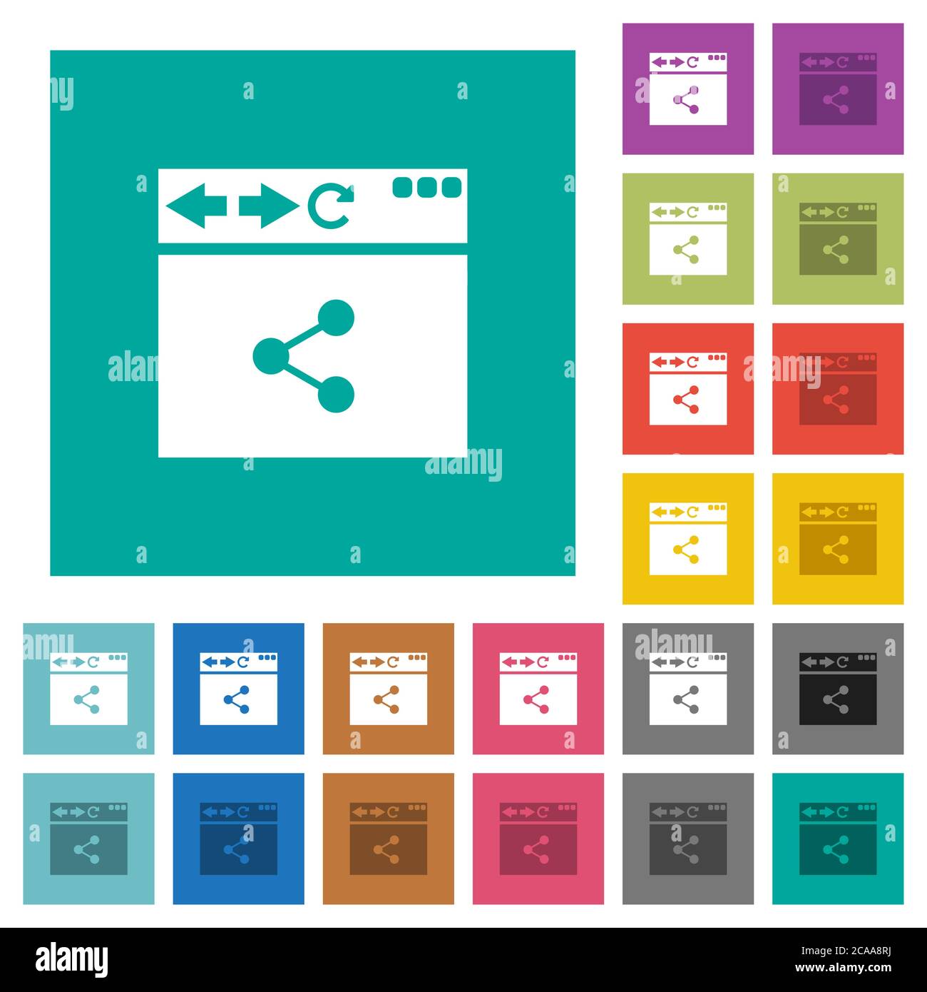 Browser share multi colored flat icons on plain square backgrounds. Included white and darker icon variations for hover or active effects. Stock Vector