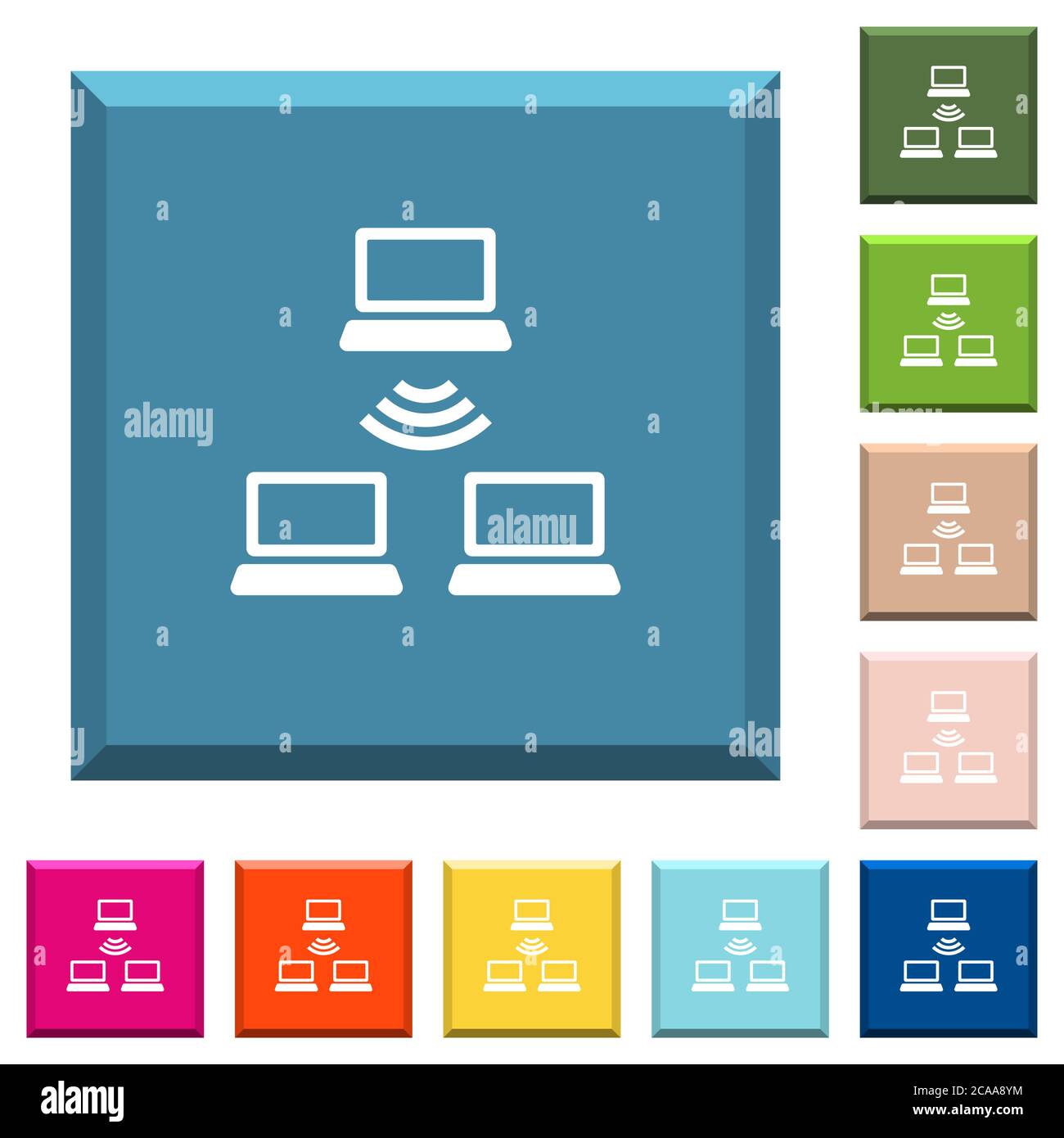 Wireless network white icons on edged square buttons in various trendy colors Stock Vector