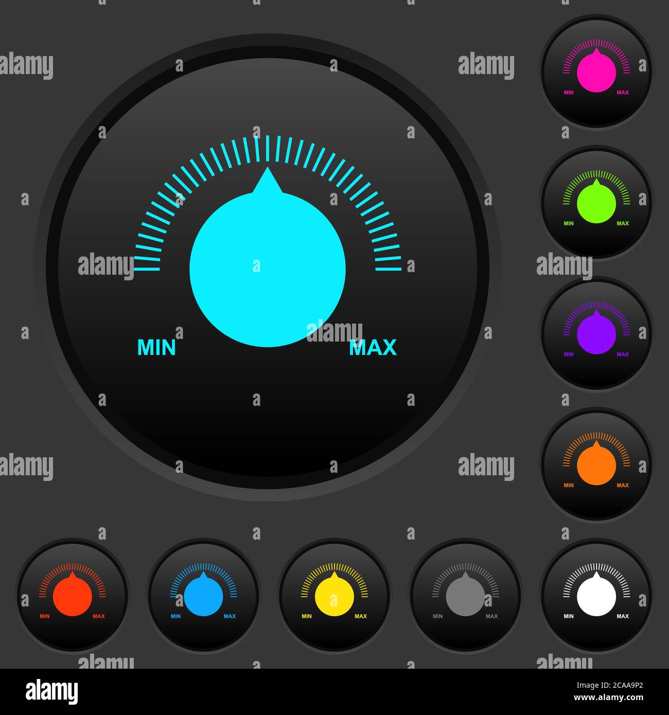 Volume control with captions dark push buttons with vivid color icons ...