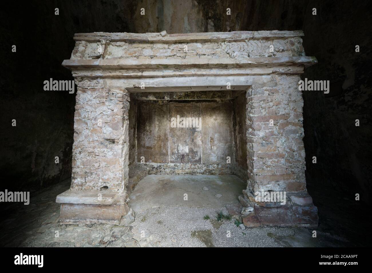 The carved stone panel in the Temple of the Foliated Cross showing K’inich Kan B’ahlam in the ruins of the Mayan city of Palenque,  Palenque National Stock Photo