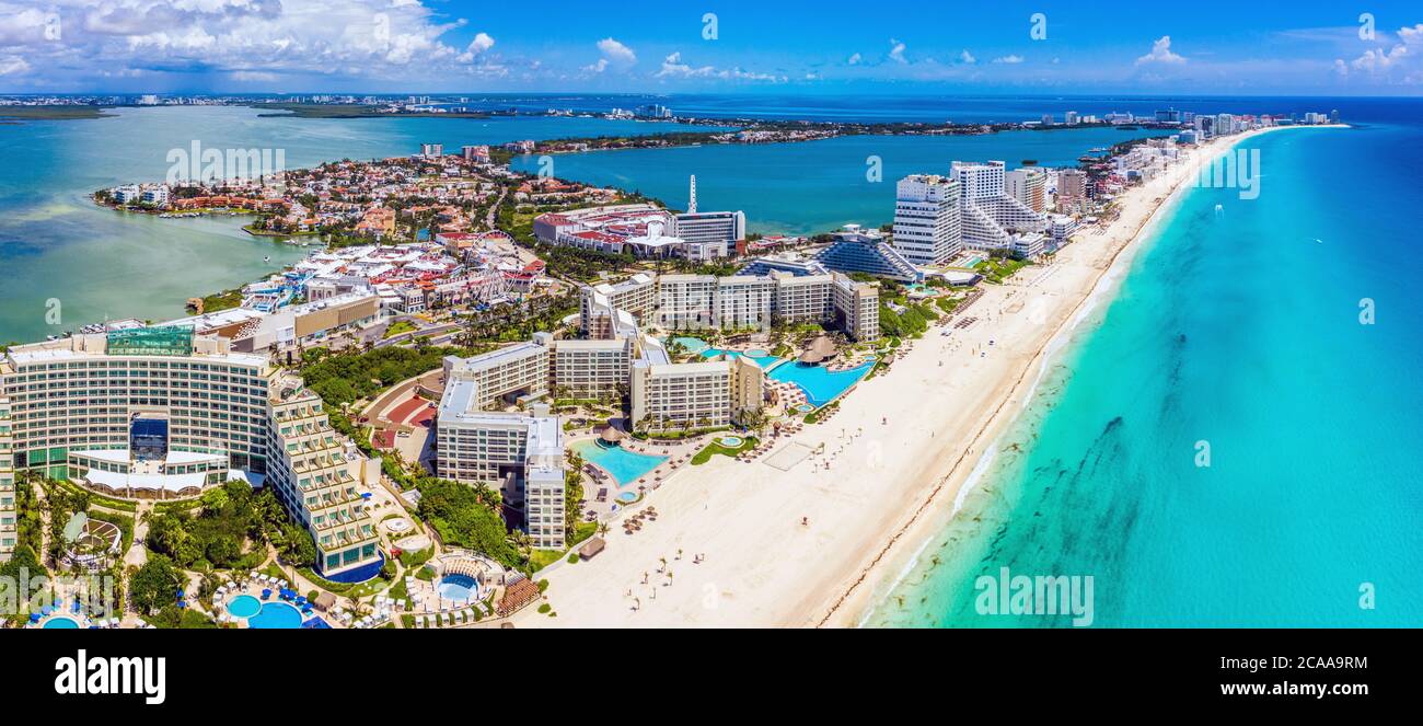 Aerial panoramic view looking north of the Hotel Zone (Zona Hotelera) and the beautiful beaches of Cancún, Mexico Stock Photo