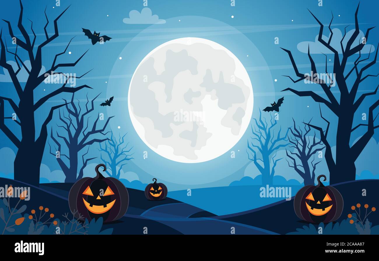 Halloween background with full moon, pumpkins and trees Stock Vector ...