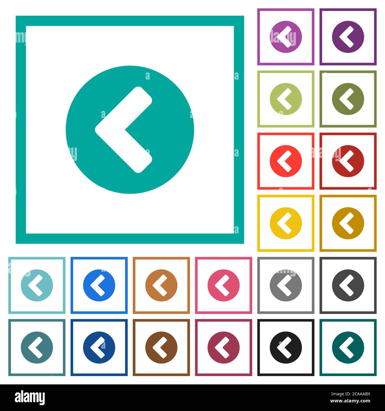 Chevron left flat color icons with quadrant frames on white background Stock Vector