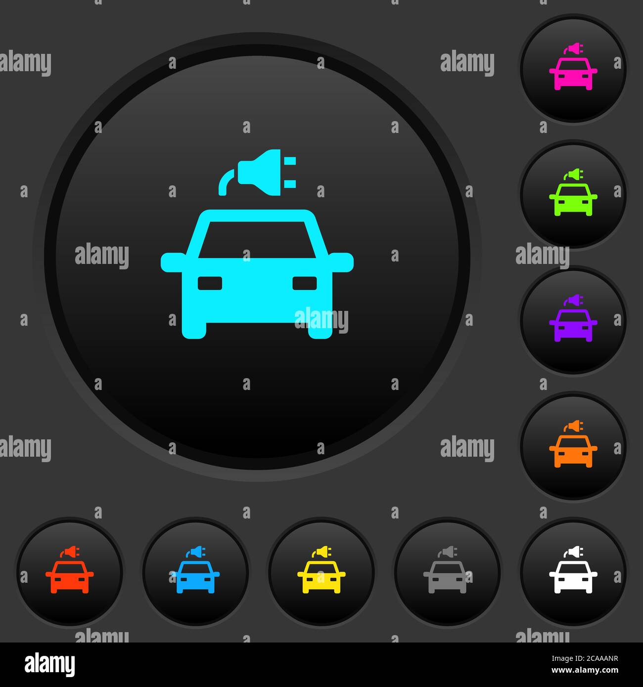 Electric car with connector dark push buttons with vivid color icons on dark grey background Stock Vector
