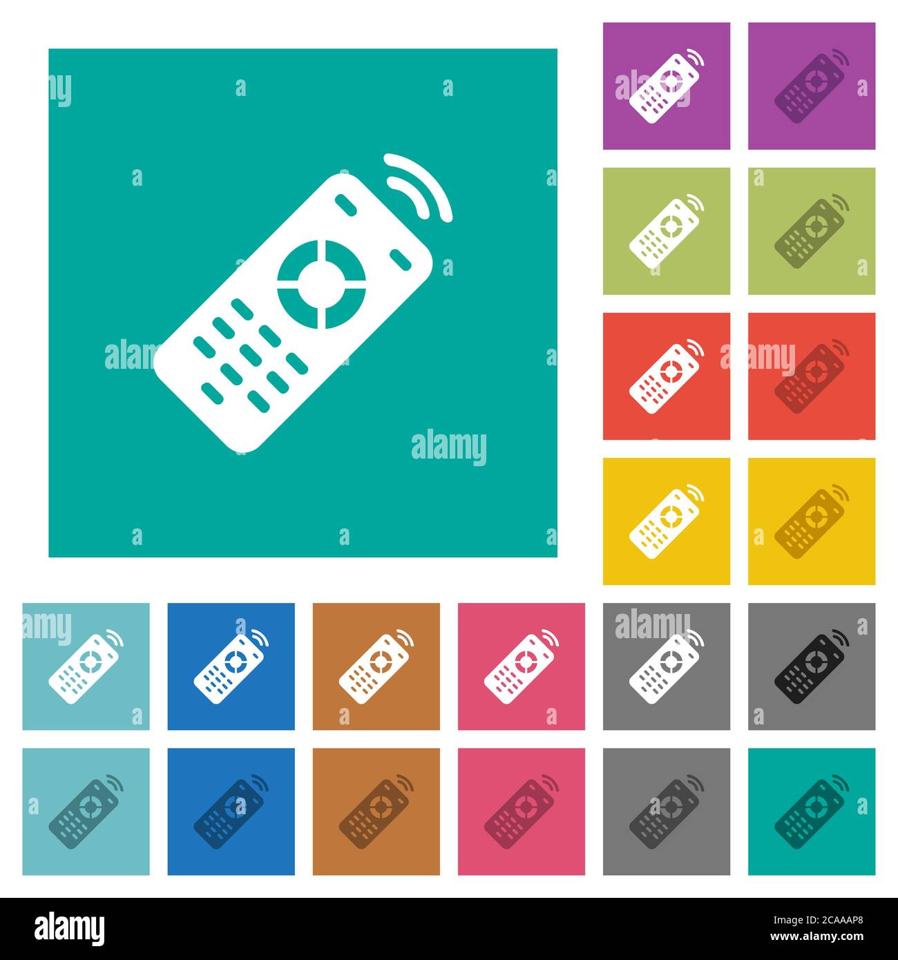 Working remote control multi colored flat icons on plain square backgrounds. Included white and darker icon variations for hover or active effects. Stock Vector