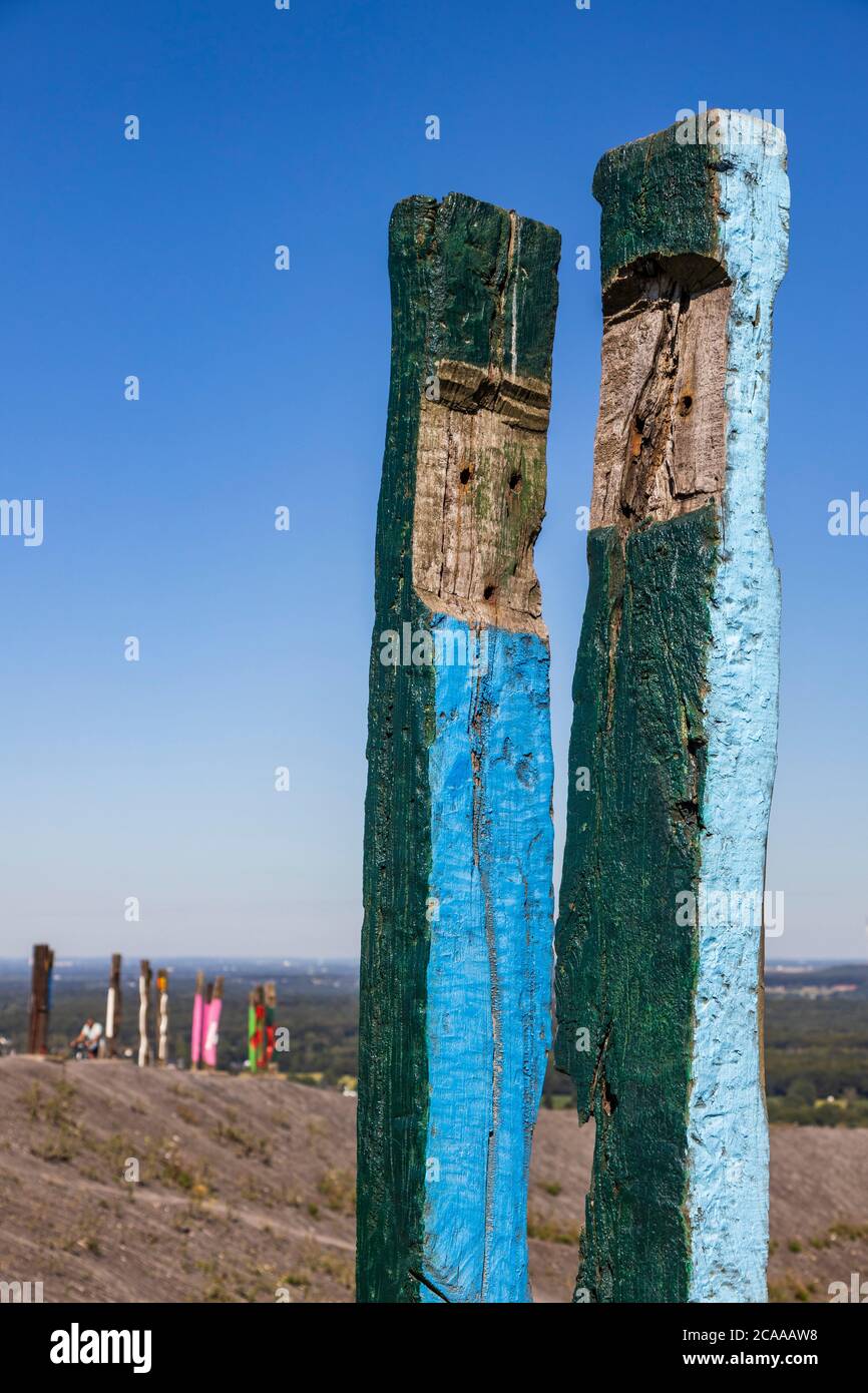 Permanent artwork Totems made of old railway sleepers by Basque artist Augustín Ibarrola on top of Halde Haniel slag heap, Bottrop, Ruhr Area, Germany Stock Photo