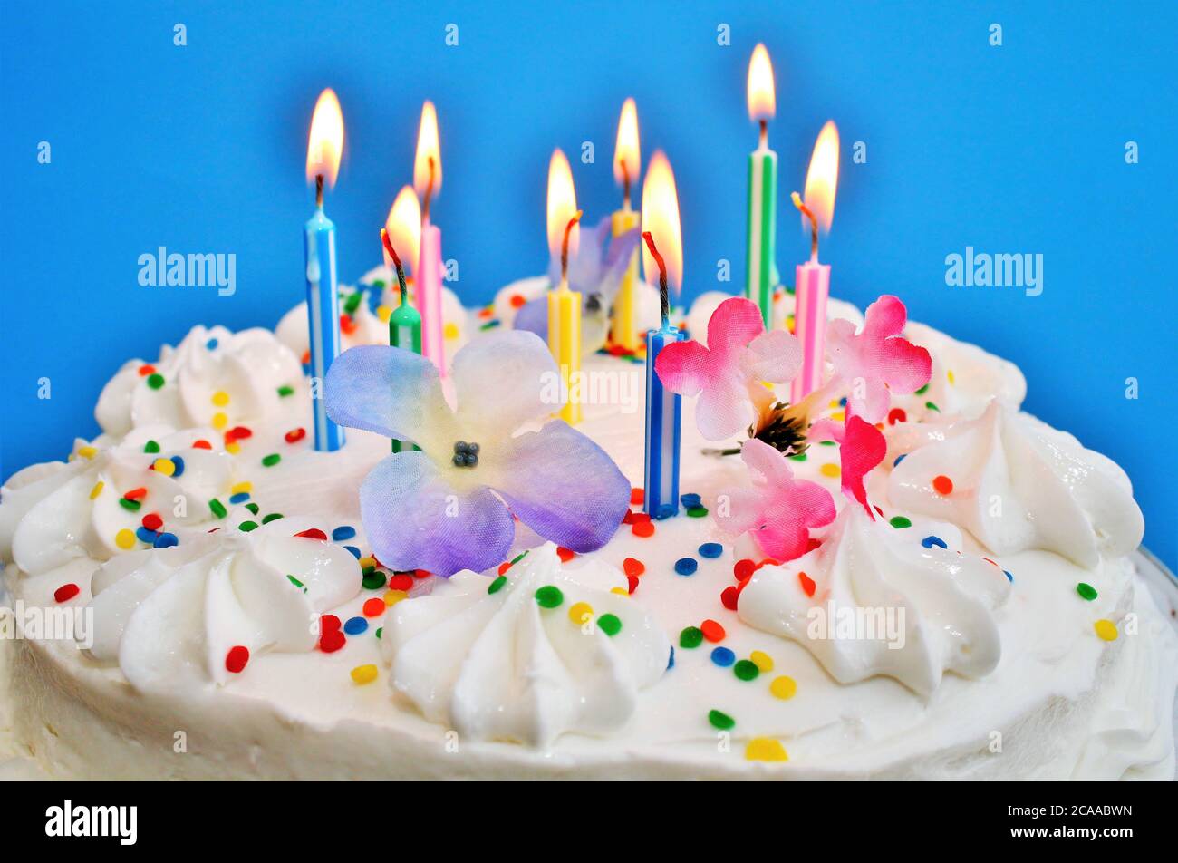 Birthday cake with lit candles Stock Photo - Alamy