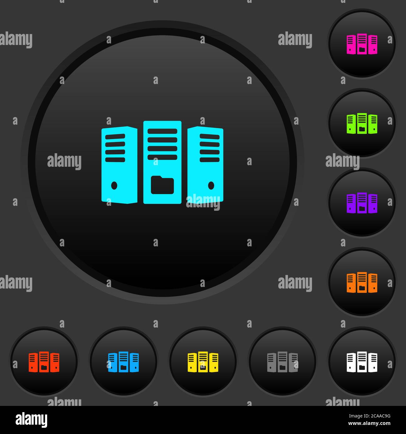 File server dark push buttons with vivid color icons on dark grey ...