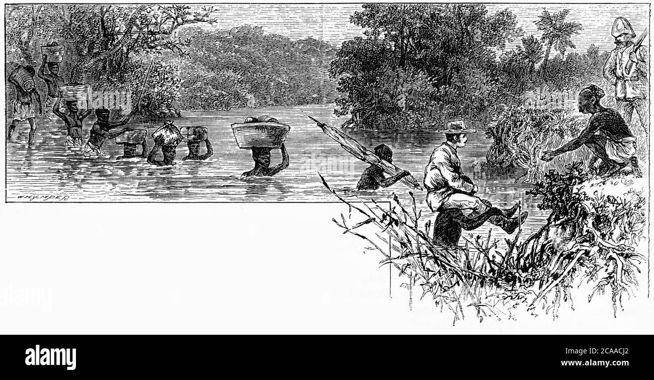 Engraving of a missionary crossing the Congo River in Africa on the shoulders of a native porter Stock Photo