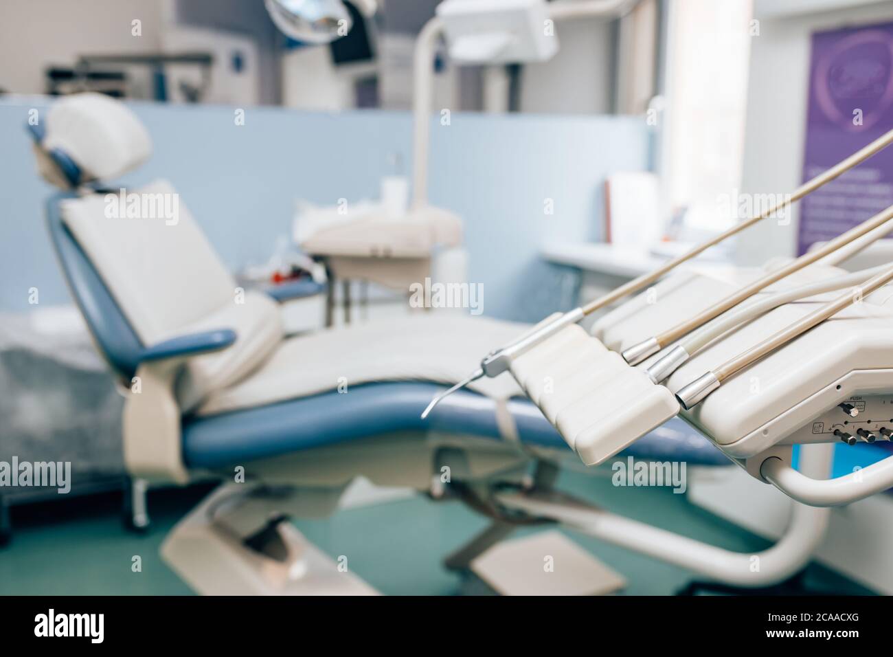 special equipment for teeth exam and treatment in dental office, medical instruments. Orthodontics, medicine concept Stock Photo