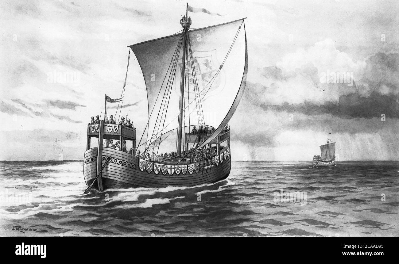 illustration of a 13th century ship, from a set of school posters used for social studies, c 1930 Stock Photo