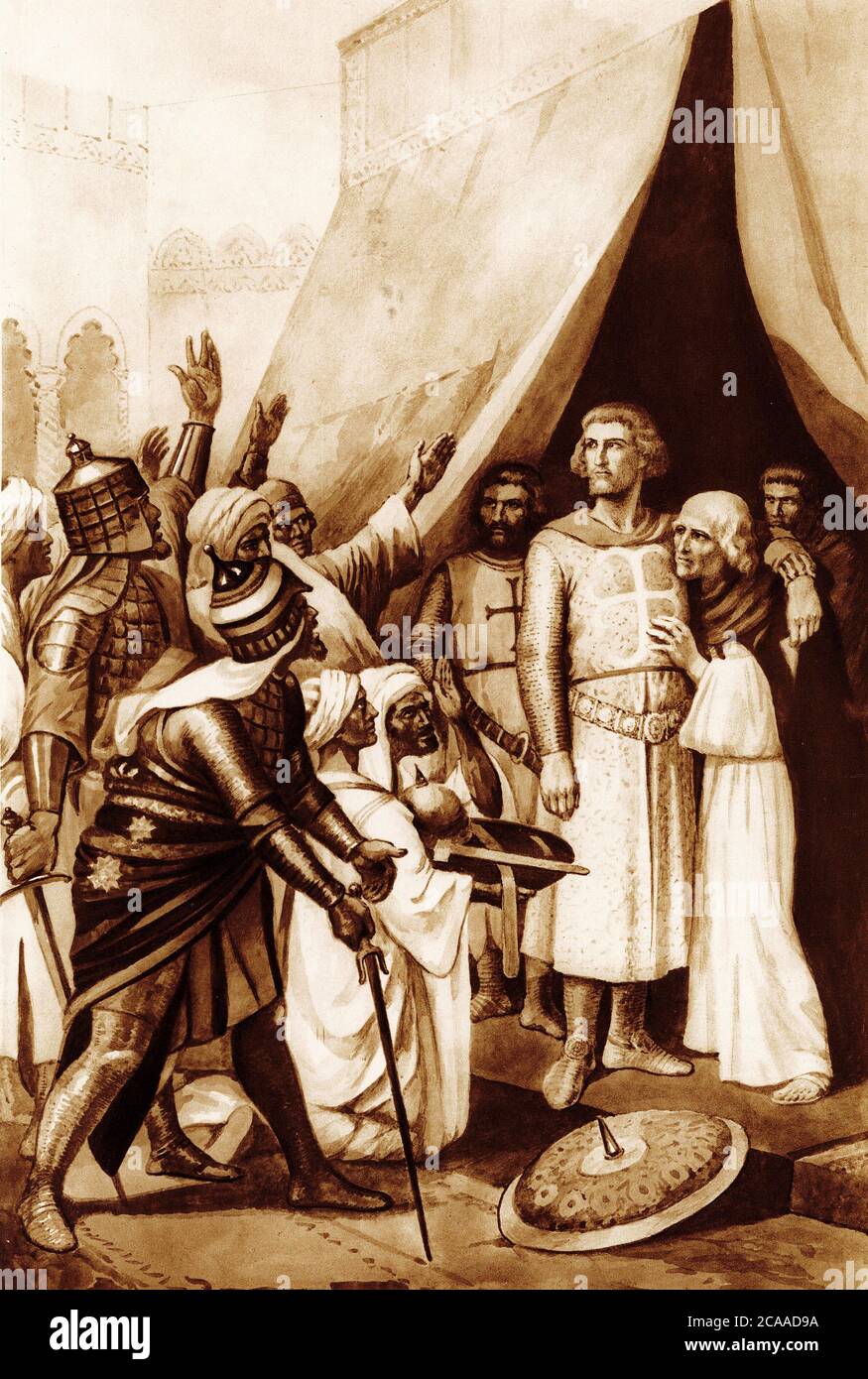 illustration of Louis IX, king of France,  taken prisoner at Mansourah on 5 April 1250, from a set of school posters used for social studies, c 1930 Stock Photo