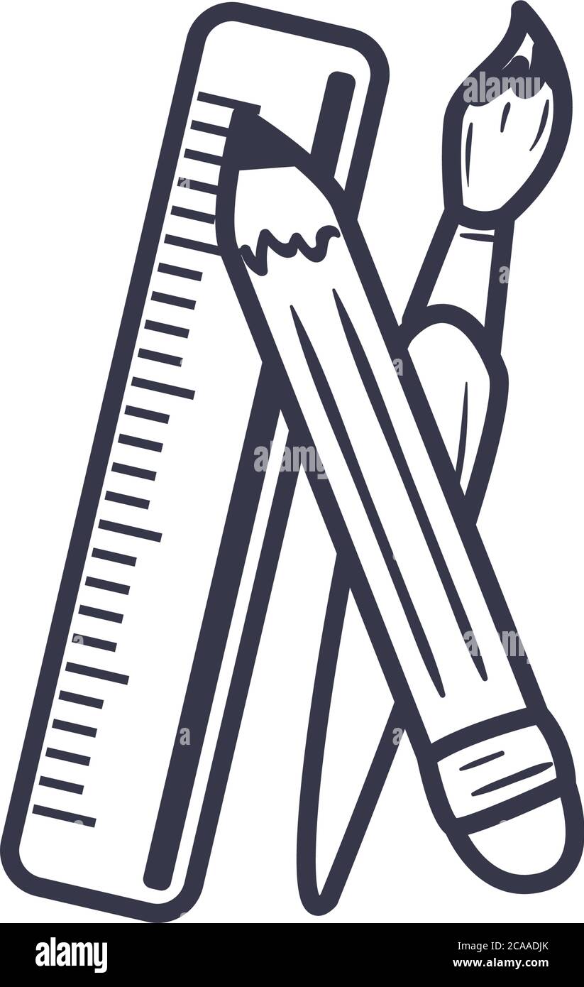 Pencil paint brush and ruler line style icon design, write office ...