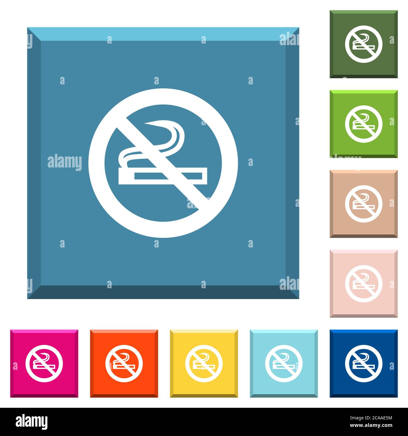 No smoking sign white icons on edged square buttons in various trendy colors Stock Vector