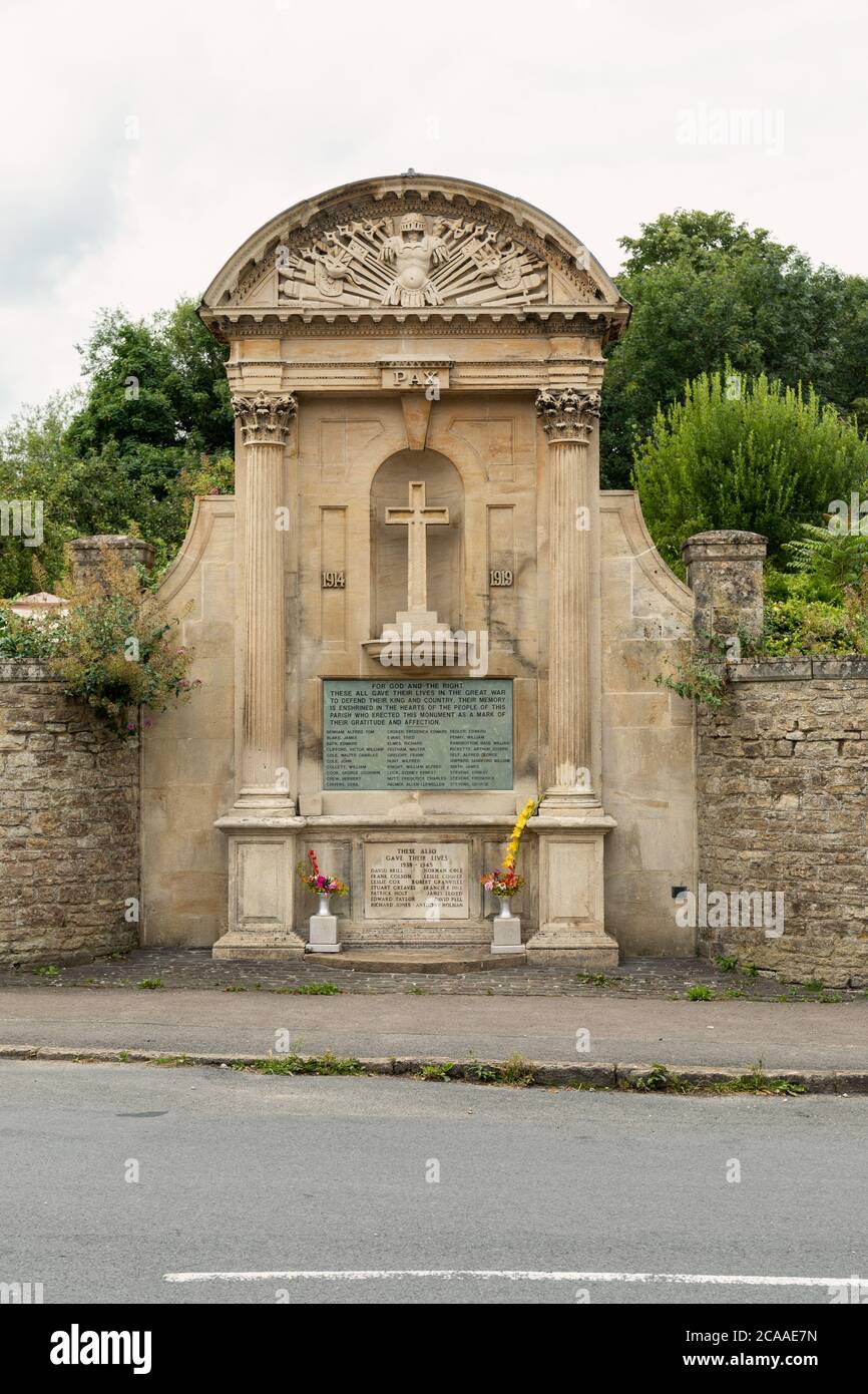 Lacock war memorial which commemorates the residents of Lacock who were killed or missing in World War I and World War II, Lacock, Wiltshire, UK Stock Photo