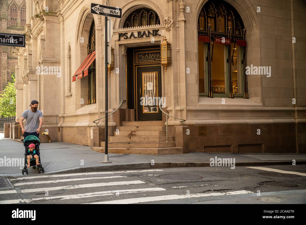A closed Jos. A. Bank menswear store in Lower Manhattan in New York on Sunday, August 2, 2020. Tailored Brands, Inc, the parent of Jos. A. Bank and Mens Wearhouse has filed for Chapter 11 bankruptcy protection.  citing store shutdowns due to the pandemic lockdown. (©Ê Richard B. Levine) Stock Photo