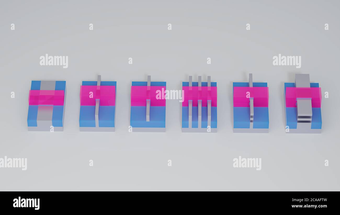 Evolution of semiconductor transistor construction. Planar, FinFET