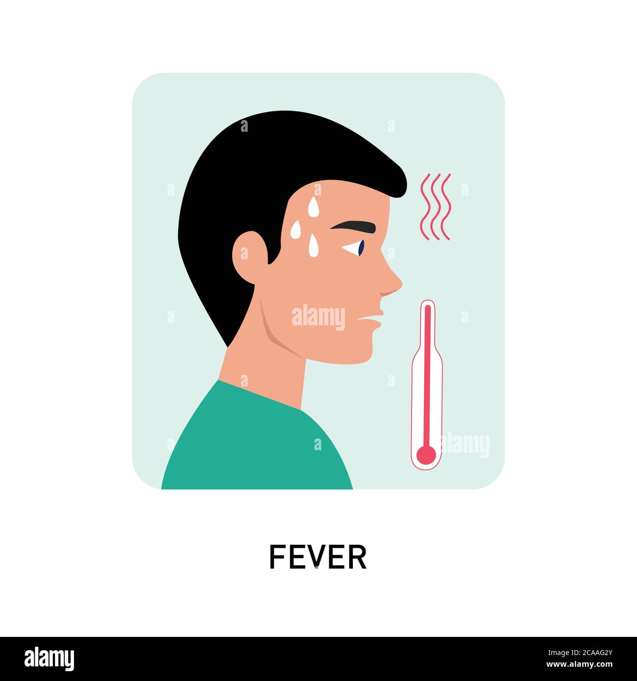 Fever High Temperature, Young man with a thermometer, High temperature, fever, sickness icon. Vector flat illustration, isolated on white background. Stock Vector