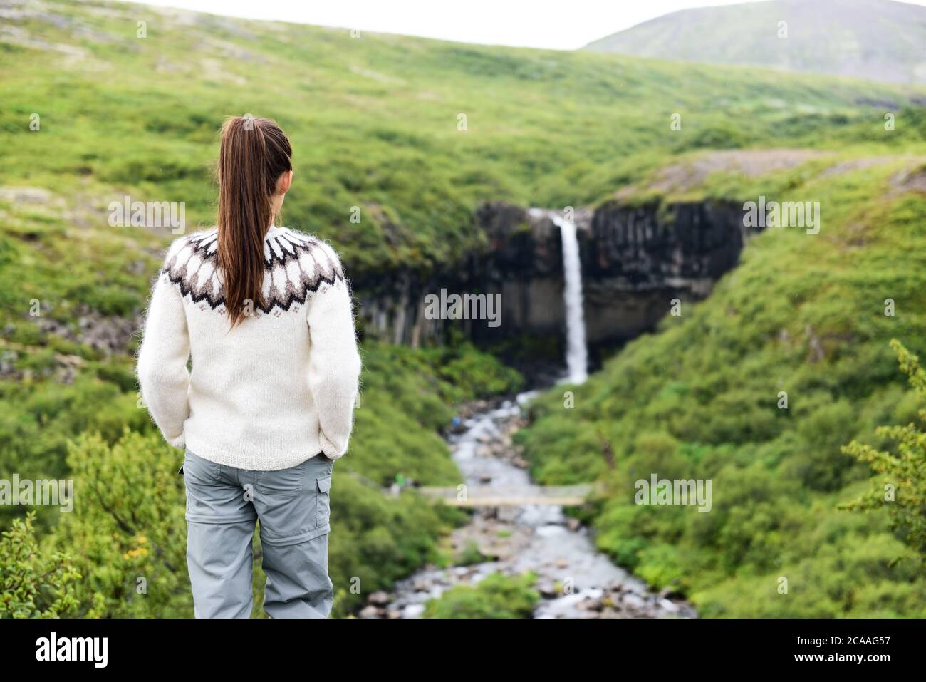 Iceland. Woman hiking looking at Svartifoss waterfall. Female is visiting famous tourist attraction of Iceland. Spectacular natural landmark on Stock Photo