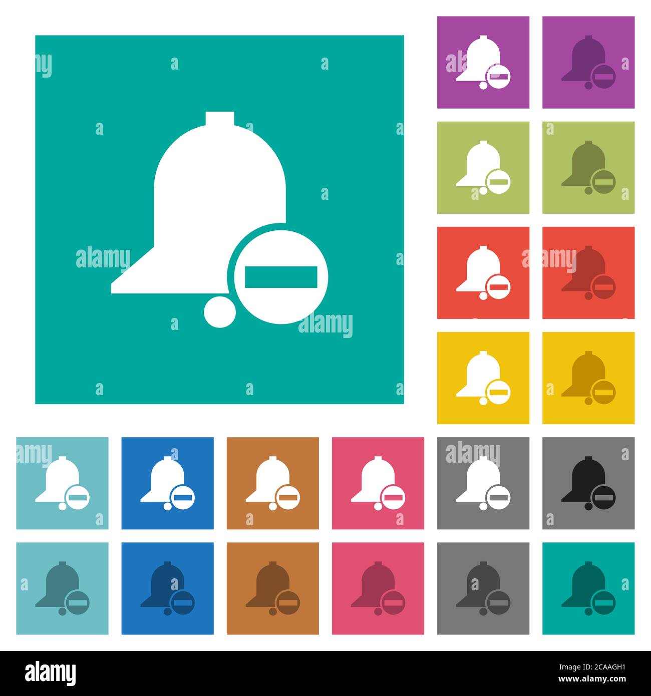 Remove reminder multi colored flat icons on plain square backgrounds. Included white and darker icon variations for hover or active effects. Stock Vector
