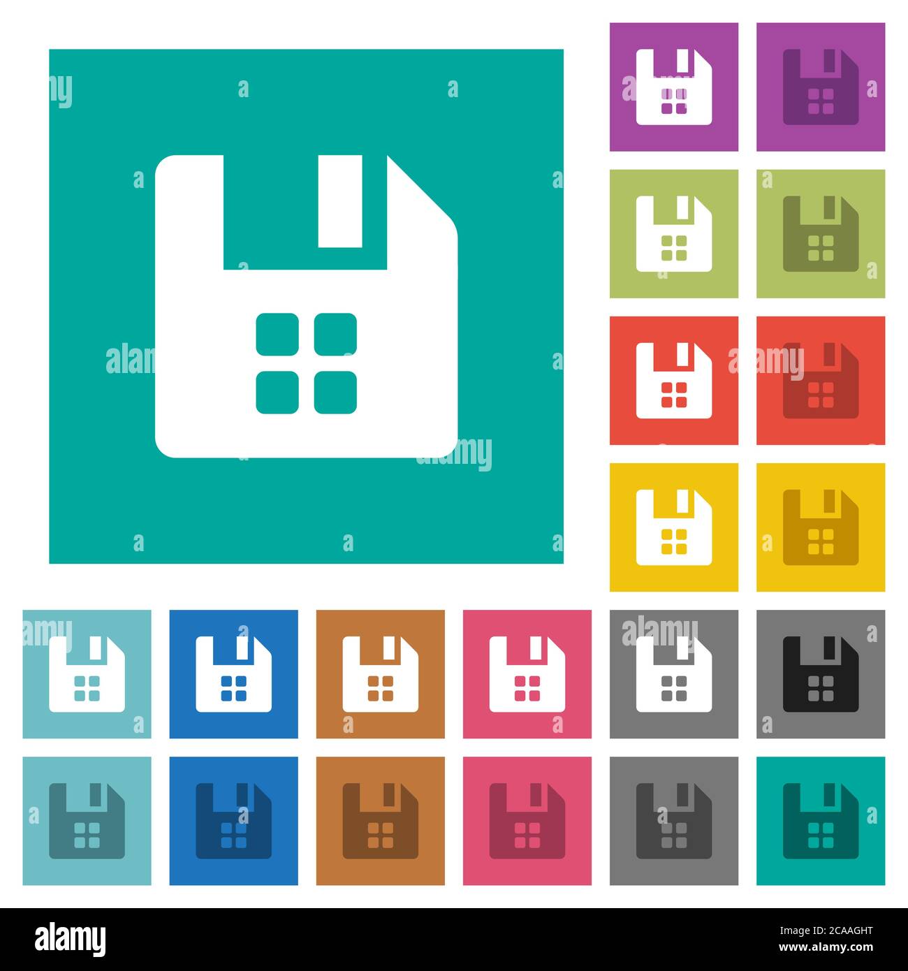 File components multi colored flat icons on plain square backgrounds. Included white and darker icon variations for hover or active effects. Stock Vector