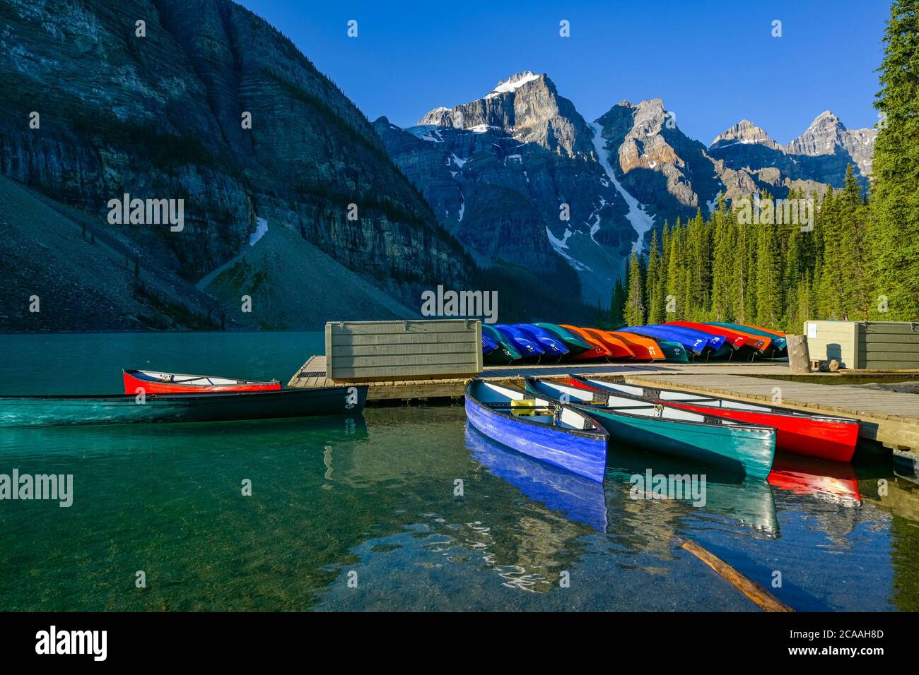 Banff Dock Canoe dock, Moraine Lake, Banff National Park, Alberta Stock Photo - Alamy